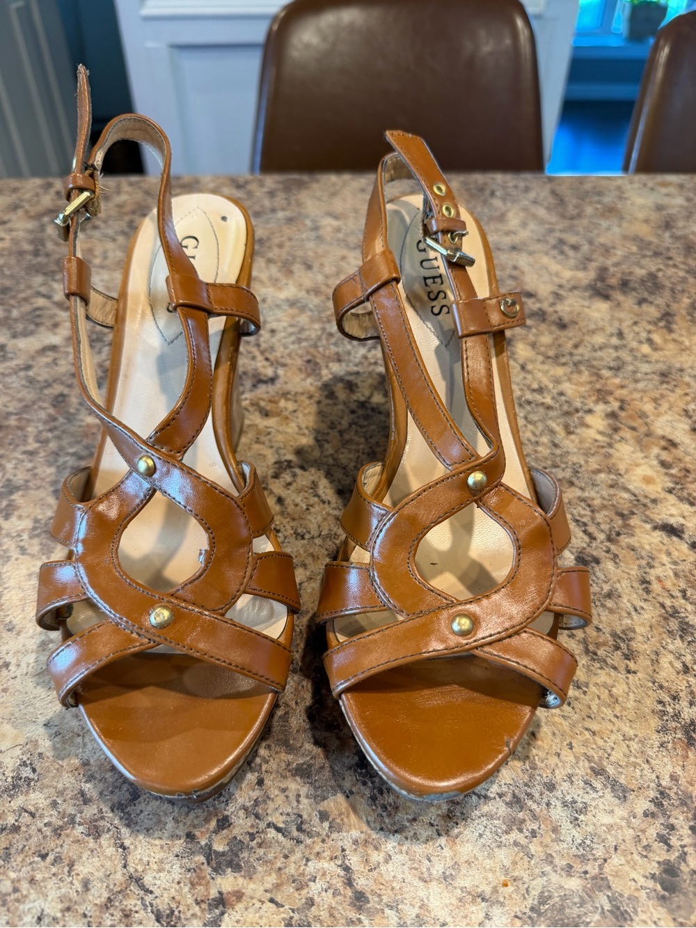 GUESS Brown Leather Strappy Slingback Heels with Gold Studs